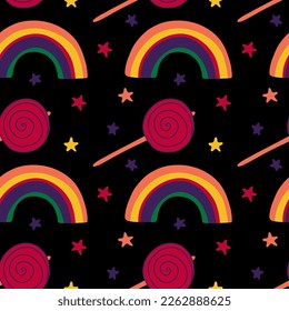 Fun colorful seamless pattern. Creative 90s style background for children or trendy design with rainbowlollipop and stars. Playful wallpaper print in kidcore style.