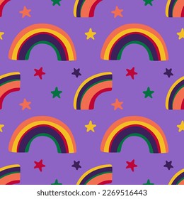 Fun colorful seamless pattern. Creative 90s style background for children or trendy design with rainbow and stars. Playful wallpaper print in kidcore style.