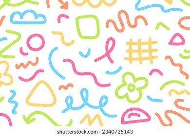 Fun colorful seamless pattern. Creative doodle abstract style art background for kids. Trendy texture design with contemporary basic shapes. Vector illustration