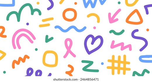 Fun colorful seamless pattern. Creative doodle abstract style art background for kids. Trendy texture design with contemporary basic shapes. Vector illustration