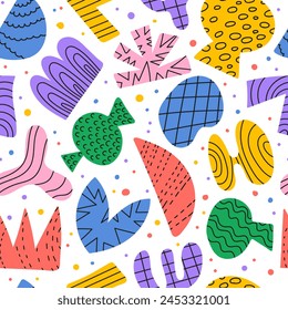 Fun colorful seamless pattern with doodle shapes brutal style. 