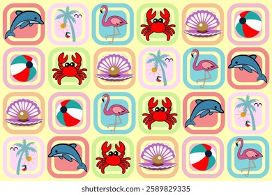 A fun and colorful seamless pattern featuring cute sea creatures like dolphins, crabs, and flamingos, along with tropical elements such as palm trees, seashells, and beach balls. Perfect for summer