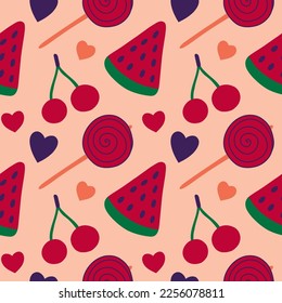 Fun colorful seamless pattern with fruits. Creative 90s style background. Playful doodle wallpaper print. Bright summer illustration.