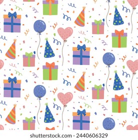 Fun buntes nahtloses Muster mit Geschenkboxen, Partydekoration, festlichen Hüten und Luftballons. Vektor Geburtstag Hintergrund im flachen Stil	