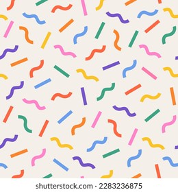 Fun and colorful seamless pattern. Pattern includes bright elements, such as colorful lines, and curves lines. The simple and childish scribble pattern makes it a playful and whimsical design.