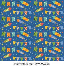 Fun colorful seamless pattern with party decoration, banners and fireworks. Vector dark blue background in flat style	