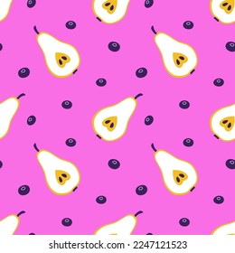 Fun colorful seamless pattern with pear and berries. Creative 90s style background. Playful doodle wallpaper print. Bright summer fruits illustration for fabric and decor.