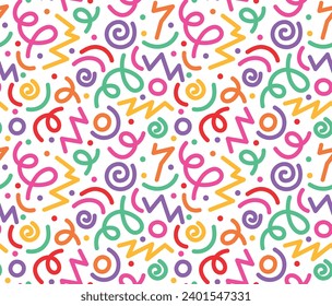 Fun colorful seamless pattern. Simple childish doodle backdrop with shapes like confetti