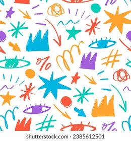 Fun colorful seamless pattern with various doodle shapes in childish style. Colored charcoal drawn elements like stars, crowns, eyes, curved lines and various emphasis elements. Kids background.