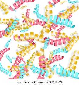 Fun colorful serpentine background for holiday designs for kids, colorful streamers decoration isolated on white background
