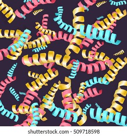 Fun colorful serpentine background for holiday designs for kids, colorful streamers decoration on dark blue  background