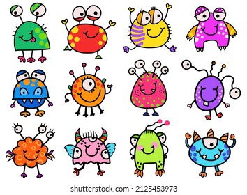 A fun and colorful set of cartoon child-like style, little monster characters, designed with bright flat colors.
