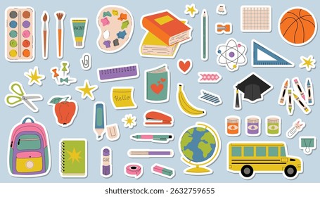 Fun and colorful set of cartoon stickers for Back to School theme. Includes stationery, student hat, school bus, books, note, and backpack. Art, craft and school supplies.