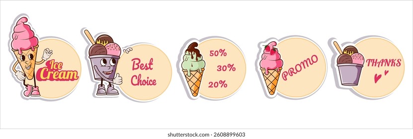 Fun and colorful set of groovy style stickers with text for ice cream with cones, cups and toppings. Frames for text. Perfect for kids branding, summer themes, packaging, promotions, discounts.
