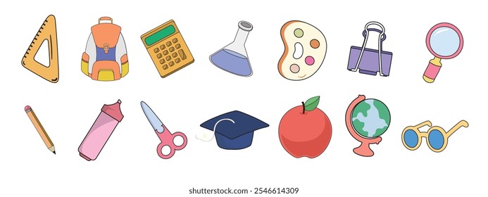 A fun and colorful set of school-themed icons, including a ruler, backpack, calculator, flask, palette, and more. Ideal for academic and educational designs.