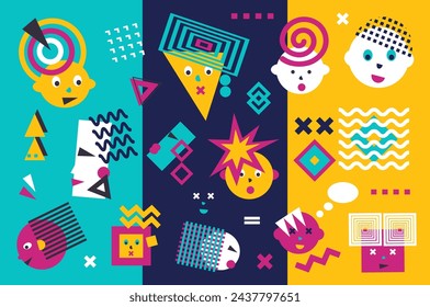 Fun colorful shapes collection. . Creative minimalist style art background for children or trendy design with geometric shapes. Simple childish backdrop.