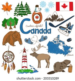 Fun colorful sketch collection of Canada icons, countries alphabet