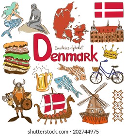 Fun colorful sketch collection of Denmark icons, countries alphabet