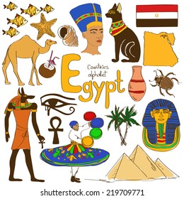 Fun colorful sketch collection of Egypt icons, countries alphabet