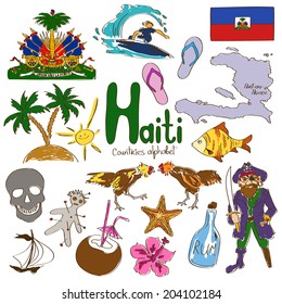 Fun colorful sketch collection of Haiti icons, countries alphabet