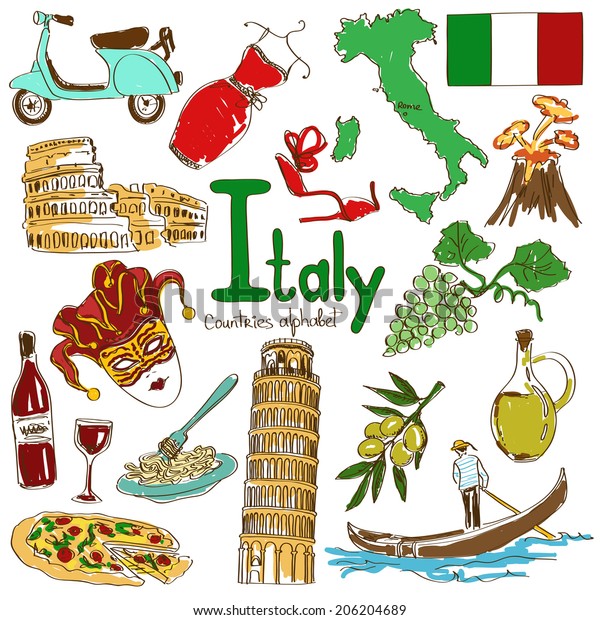 Fun Colorful Sketch Collection Italy Icons Stock Vector Royalty Free