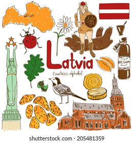 Fun colorful sketch collection of Latvia icons, countries alphabet