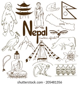 Fun colorful sketch collection of Nepal icons, countries alphabet