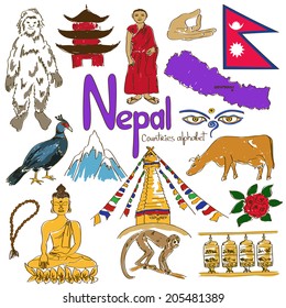 Fun colorful sketch collection of Nepal icons, countries alphabet