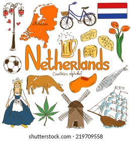 Fun colorful sketch collection of Netherlands icons, countries alphabet