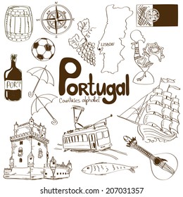 Fun colorful sketch collection of Portugal icons, countries alphabet