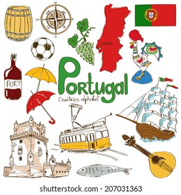 Fun colorful sketch collection of Portugal icons, countries alphabet