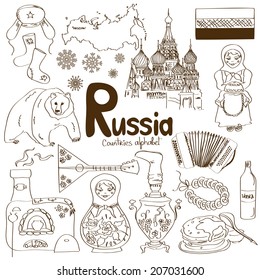 Fun colorful sketch collection of Russia icons, countries alphabet