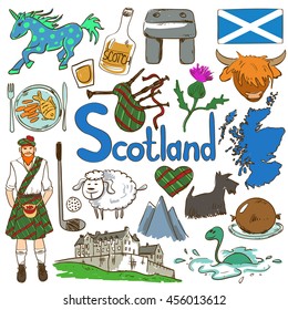 Fun colorful sketch collection of Scottish icons. Travel concept of Scotland symbols and association.