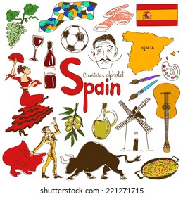 Fun colorful sketch collection of Spain icons