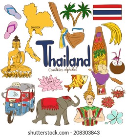 Fun colorful sketch collection of Thailand icons, countries alphabet