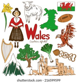 Fun colorful sketch collection of Wales icons, countries alphabet 