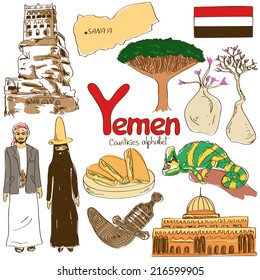 Fun colorful sketch collection of Yemen icons, countries alphabet