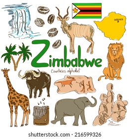 Fun colorful sketch collection of Zimbabwe icons, countries alphabet