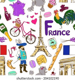 Fun colorful sketch France seamless pattern