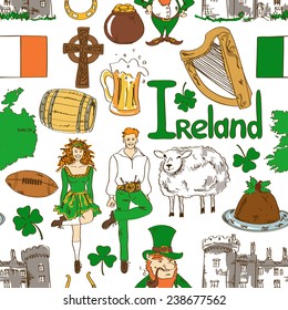 Fun colorful sketch Irish symbols seamless pattern