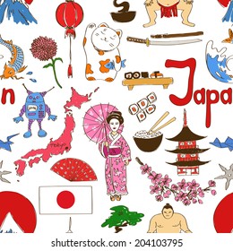 Fun colorful sketch Japan seamless pattern