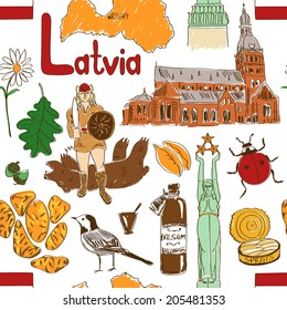 Fun colorful sketch Latvia seamless pattern