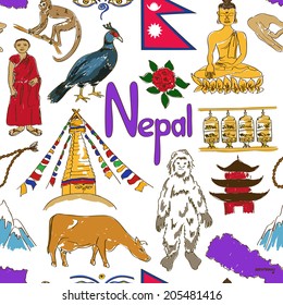 Fun colorful sketch Nepal seamless pattern