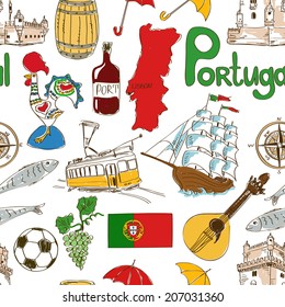 Fun colorful sketch Portugal seamless pattern