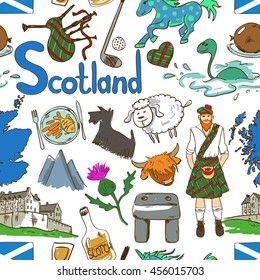 Fun colorful sketch Scottish seamless pattern on a white background. Travel concept of Scotland symbols and association.