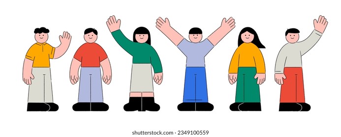Fun, colorful smiling minimal characters set in various standing poses, smiling, waving. Cute style with textured outline