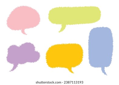 Fun colorful speech bubbles with fur or hairy style. Collection set bubble talk or chat cloud with empty space, vector illustration on isolated background.