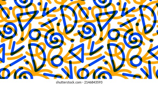 Fun Colorful Squiggle Line Doodle Seamless Pattern. Creative Minimalist Style Art Background For Children Or Trendy Design With Basic Shapes. Simple Childish Scribble Backdrop.