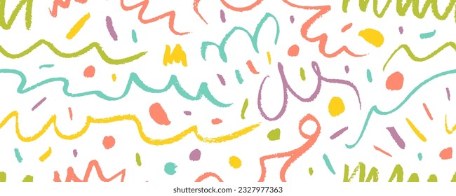 Divertido y colorido banner de la línea de risitas de risitas sin costura. Dibujo infantil multicolor a carbón o crayón. Patrón creativo abstracto de dibujo para niños. Papel de pared resquebrajado con líneas curvas y puntos