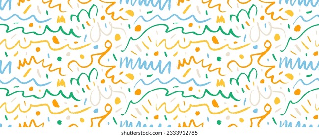 Fun colorful squiggle line doodle seamless banner. Childish multi colored charcoal or crayon drawing. Creative abstract squiggle drawing pattern for kids. Scribble wallpaper with curved lines and dots